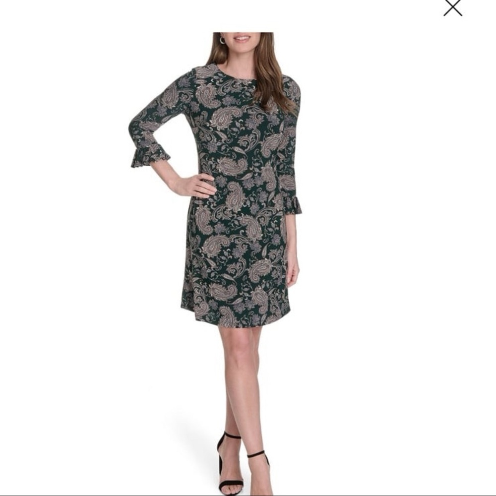 Tommy Hilfiger Green and Cream Paisley Long Sleeve Dress